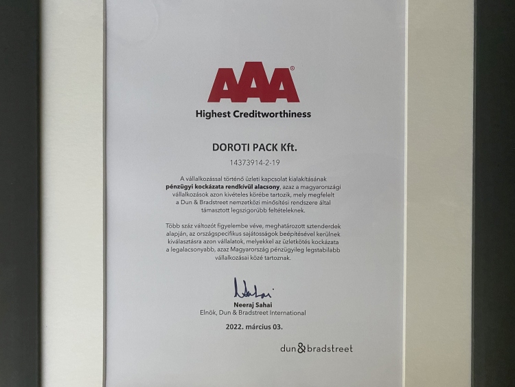 Doroti Pack Kft. AAA-s minősítése