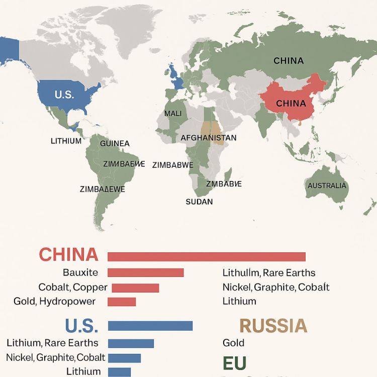 1. ábra. A nyersanyagokért folytatott verseny térképe (forrás: Chat GPT)