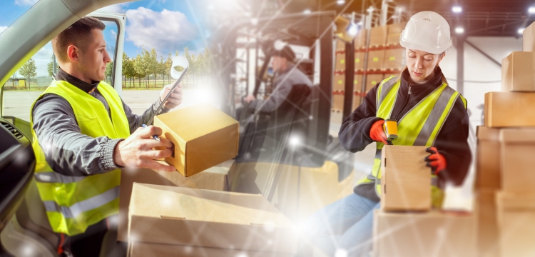 Raktári és szállítási folyamatok digitalizált környezetben, modern árumozgatási eszközökkel.