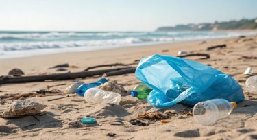 Műanyag zacskó és palackok hevernek a homokos tengerparton, a tengeri szennyezés példájaként.